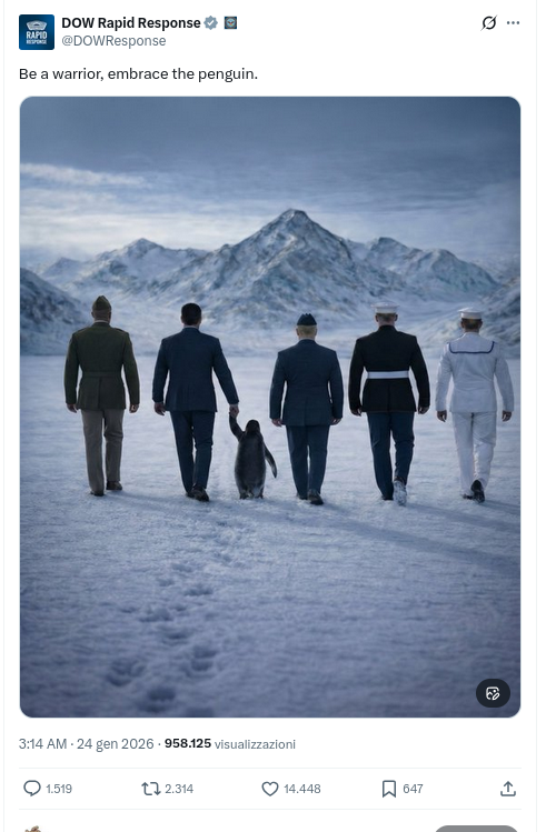 screenshot di un post su X del "department of war" con il messaggio "be a warrior, embrace the penguin" sotto la foto di 5 deficienti, vestiti in modo non adeguato alle condizioni atmosferiche